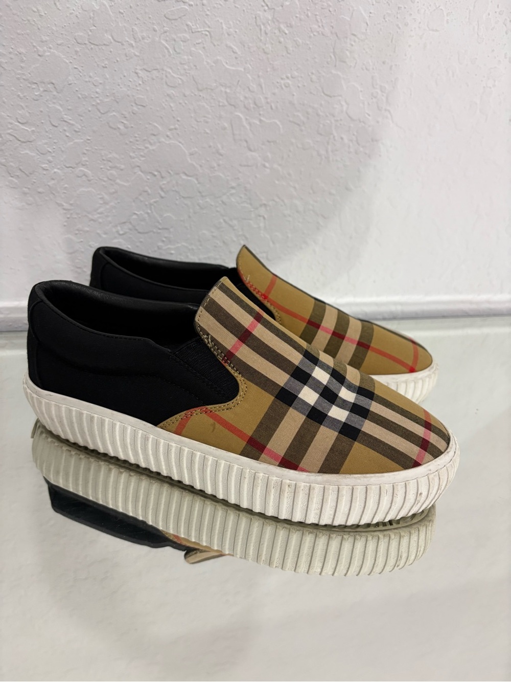 Burberry Tan Plaid Slip-On Sneakers with Black Heel